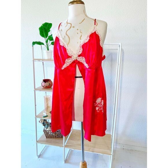 Y2k Red Embroidered Sequined Sexy Night Gown - Picture 1 of 5